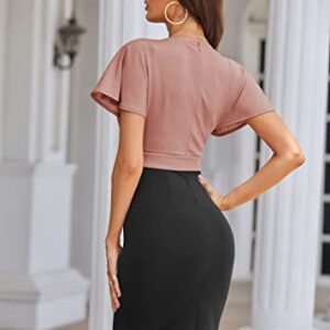 Wedding Guest Dress for Women Vintage Short Sleeve Slim Fit Belted V Neck Wrap Dresses Pink Black L