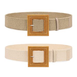 suosdey 2 pack straw woven elastic belt braided stretch wide belt for women dress