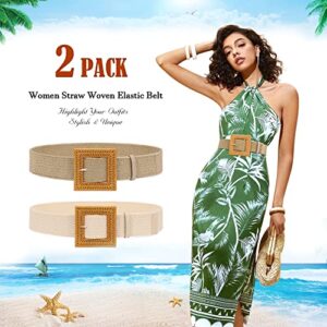 SUOSDEY 2 Pack Straw Woven Elastic Belt Braided Stretch Wide Belt for Women Dress