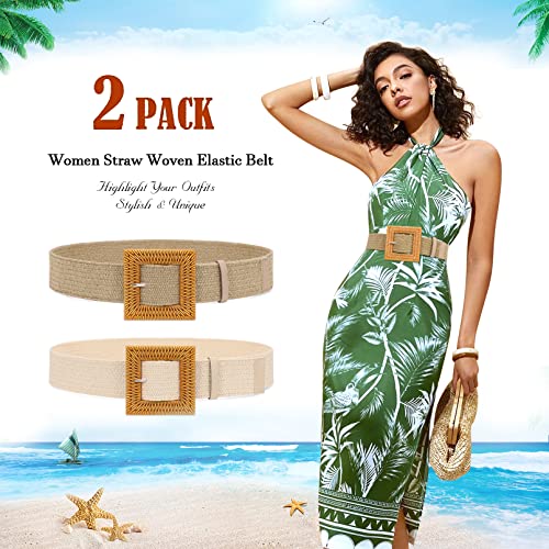 SUOSDEY 2 Pack Straw Woven Elastic Belt Braided Stretch Wide Belt for Women Dress