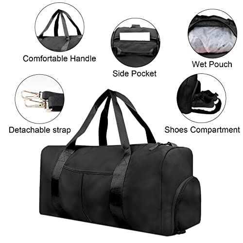 TINNIVI Sports Gym Bag Travel Duffel Bag Waterproof Weekender Overnight Tote Carry On Bag with Wet Pocket & Shoes Compartment for Men Women Lightweight Adjustable Strap (Black)