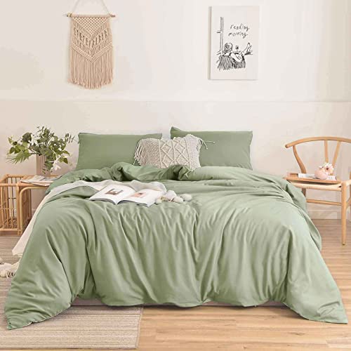 Nanko Queen Duvet Cover Set Sage Green Light Green 3pc 90x90 Luxury Microfiber Comforter Quilt Bedding Cover with Deco Buttons Zip Closure Ties - Modern Elegant Style for Men and Women Chambray Teen