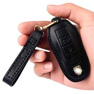 tukellen for porsche leather key fob cover with keychain key shell compatible with porsche panamera, macan, cayenne, 911-black