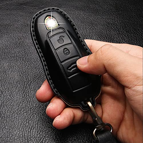 Tukellen for Porsche Leather Key Fob Cover with Keychain Key Shell Compatible with Porsche Panamera, Macan, Cayenne, 911-Black