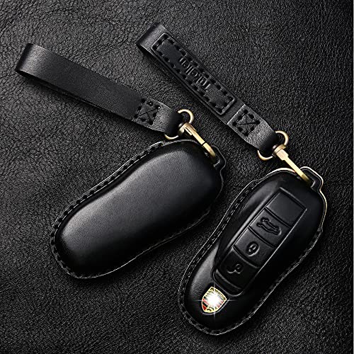 Tukellen for Porsche Leather Key Fob Cover with Keychain Key Shell Compatible with Porsche Panamera, Macan, Cayenne, 911-Black