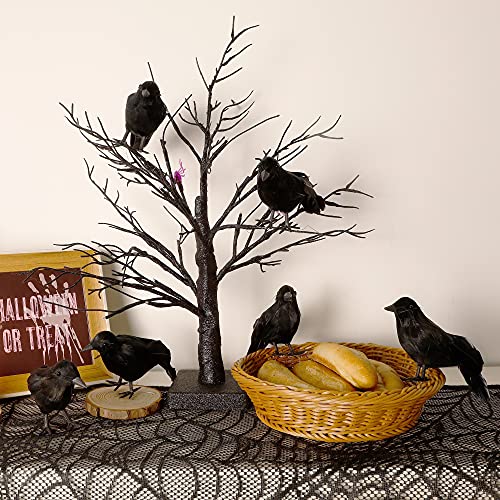 ATDAWN 6 Pack Halloween Black Feathered Crows, Realistic Looking Halloween Birds Decoration