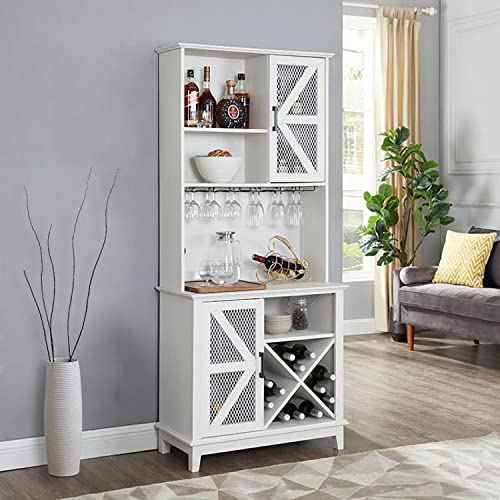 Home Source Microwave Stand 72" | Kitchen Pantry with Microwave Stand, Open Shelves, Mesh Doors | Includes Wine/Bottle Rack