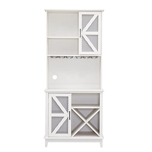 Home Source Microwave Stand 72" | Kitchen Pantry with Microwave Stand, Open Shelves, Mesh Doors | Includes Wine/Bottle Rack