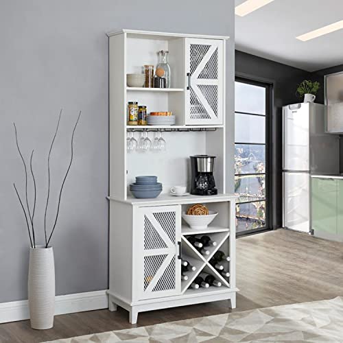 Home Source Microwave Stand 72" | Kitchen Pantry with Microwave Stand, Open Shelves, Mesh Doors | Includes Wine/Bottle Rack