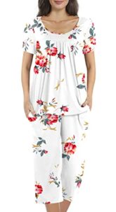 popyoung women's pajamas sets, summer short sleeves tunic top with comfy capri pants, lounge sleepwear 2 piece ladies pjs sets with pockets xl, floral white