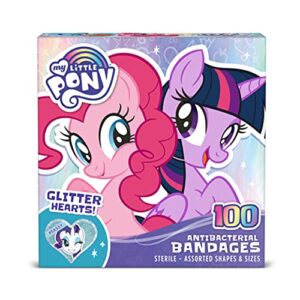 My Little Pony Kids Glitter Bandages, 100 ct Assorted Shapes & Sizes | Wear Like Stickers, Adhesive Bandages for Minor Cuts, Scrapes, Burns. Easter Basket Stuffers for Kids & Toddlers