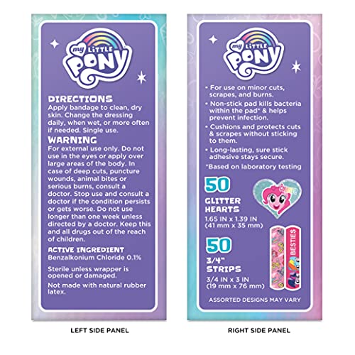 My Little Pony Kids Glitter Bandages, 100 ct Assorted Shapes & Sizes | Wear Like Stickers, Adhesive Bandages for Minor Cuts, Scrapes, Burns. Easter Basket Stuffers for Kids & Toddlers