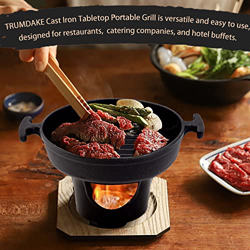 TRUMDAKE Cast Iron Japanese mini hibachi grill individual Tabletop Portable Grill camping cooking Yakiniku grill skillets BBQ Alcohol Stove Roasting grill （7" Diameter）