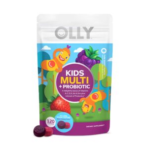 olly kid's multivitamin + probiotic gummy, vitamins a, c, d, e, b, zinc, digestive support, chewable supplement, berry flavor, 60 day supply - 120 count pouch