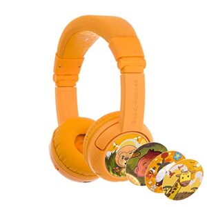 buddyphones onanoff play+, wireless bluetooth volume-limiting kids headphones, 20-hours battery life, 3 volume settings, voice enhancing studymode, answer/playback button, buddylink cable, sun yellow