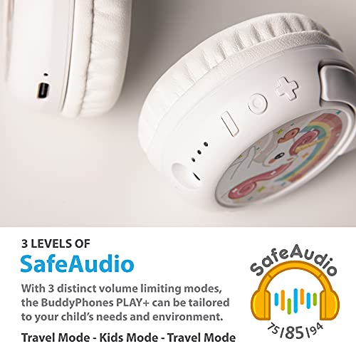 BuddyPhones ONANOFF Play+, Wireless Bluetooth Volume-Limiting Kids Headphones, 20-Hours Battery Life, 3 Volume Settings, Voice Enhancing StudyMode, Answer/Playback Button, BuddyLink Cable, Sun Yellow