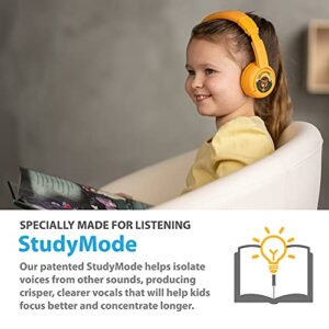 BuddyPhones ONANOFF Play+, Wireless Bluetooth Volume-Limiting Kids Headphones, 20-Hours Battery Life, 3 Volume Settings, Voice Enhancing StudyMode, Answer/Playback Button, BuddyLink Cable, Sun Yellow