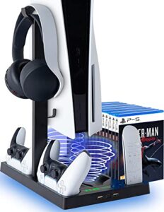 hapround ps5 vertical stand with cooling fan and dual controller charger - indicator lamps and 15 game slots, fast cooling through metal base, ps5 console compatible