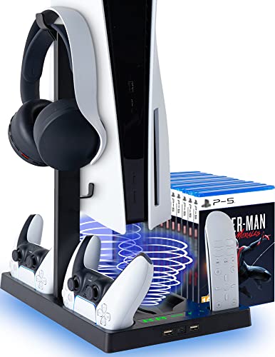 HAPROUND PS5 Vertical Stand with Cooling Fan and Dual Controller Charger - Indicator Lamps and 15 Game Slots, Fast Cooling Through Metal Base, PS5 Console Compatible