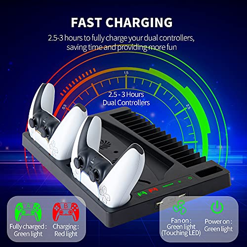 HAPROUND PS5 Vertical Stand with Cooling Fan and Dual Controller Charger - Indicator Lamps and 15 Game Slots, Fast Cooling Through Metal Base, PS5 Console Compatible