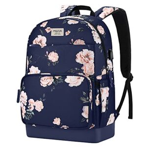mosiso 15.6-16 inch laptop backpack for women, polyester anti-theft stylish casual daypack bag with luggage strap & usb charging port, camellia travel backpack, blue