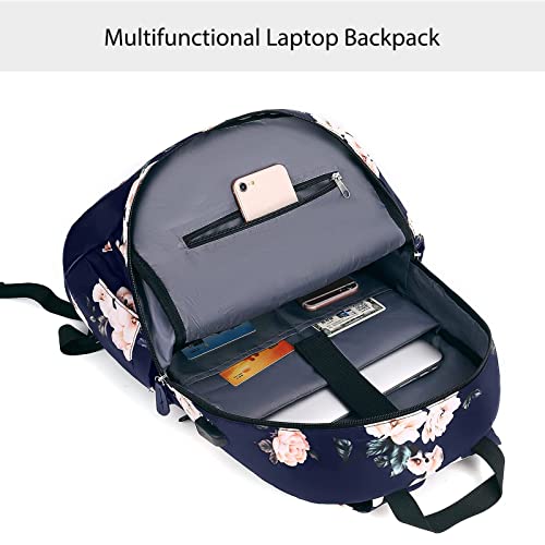 MOSISO 15.6-16 inch Laptop Backpack for Women, Polyester Anti-Theft Stylish Casual Daypack Bag with Luggage Strap & USB Charging Port, Camellia Travel Backpack, Blue