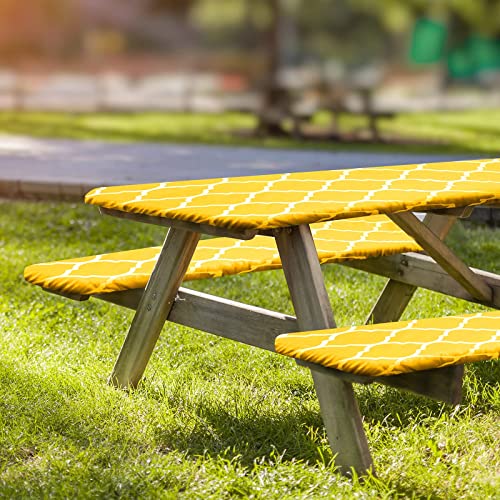 Ruisita 3 Pieces 72 Inches Plastic Picnic Table and Bench Fitted Tablecloth Cover Garden Bench Tablecloth Long Chair Covers Set for Picnics Indoor and Outdoor Dining, Yellow