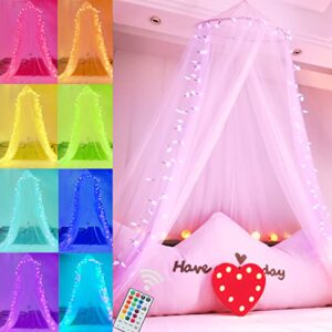 elnsivo white bed canopy, princess canopy bed curtains with 18 color changing star lights dome bed canopy with lights for girls bedroom twin full queen king size bed