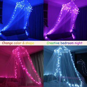 Elnsivo White Bed Canopy, Princess Canopy Bed Curtains with 18 Color Changing Star Lights Dome Bed Canopy with Lights for Girls Bedroom Twin Full Queen King Size Bed