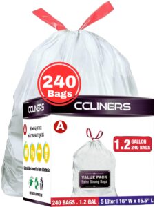 ccliners 1.2 gallon (240 bags) small white drawstring trash bags code a 4.5 liter bathroom mini garbage bags 1 gallon wastebasket can liners for home office bins, 240 count