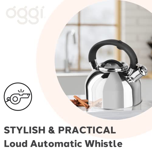 OGGI Tea Kettle for Stove Top - 64oz / 1.9lt, Stainless Steel Kettle with Loud Whistle, Ideal Hot Water Kettle and Water Boiler - Silver Mirror