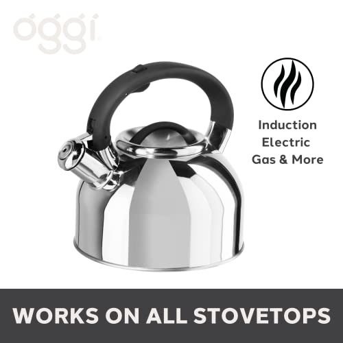 OGGI Tea Kettle for Stove Top - 64oz / 1.9lt, Stainless Steel Kettle with Loud Whistle, Ideal Hot Water Kettle and Water Boiler - Silver Mirror