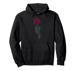 skeleton hand holding a red rose pullover hoodie