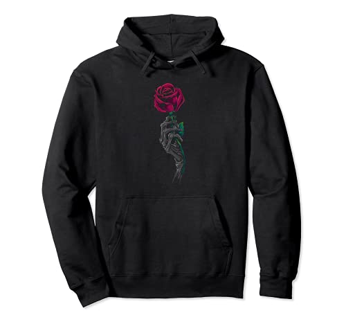 Skeleton Hand Holding a Red Rose Pullover Hoodie