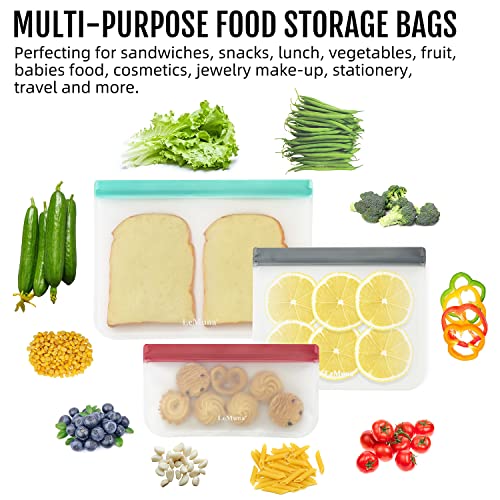 LeMuna 12 Pack Reusable Food Storage Bags with Baggy Rack (4 Gallon Freezer Bags, 4 Reusable Sandwich Bag, 4 Reusable Snack Bags), Food Grade Reusable Freezer Bags BPA Free, PEVA Leakproof