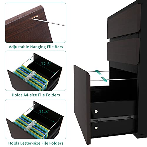 YITAHOME 3 Drawer Mobile File Cabinet, Rolling Filing Cabinet for A4 or Letter Size, Wood Under Desk Storage Cabinet with Wheels, Dark Walnut