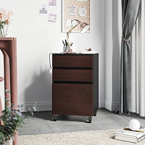 YITAHOME 3 Drawer Mobile File Cabinet, Rolling Filing Cabinet for A4 or Letter Size, Wood Under Desk Storage Cabinet with Wheels, Dark Walnut