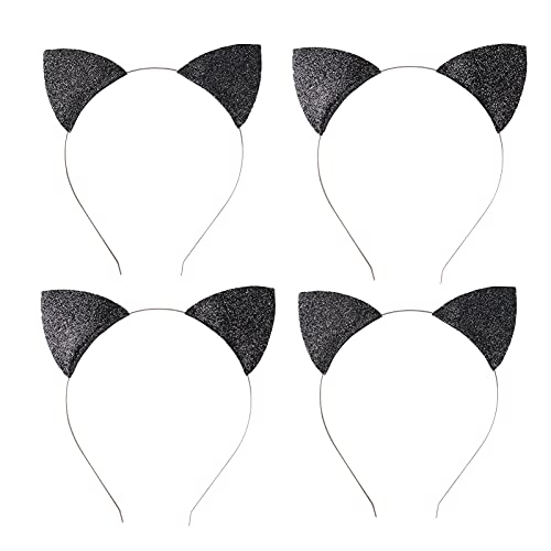 JiaDuo 4 Pack Cat Ears Headband Black Glitter Cat Hairband for Girls Women Halloween Costume Accessories for Noir Catwoman