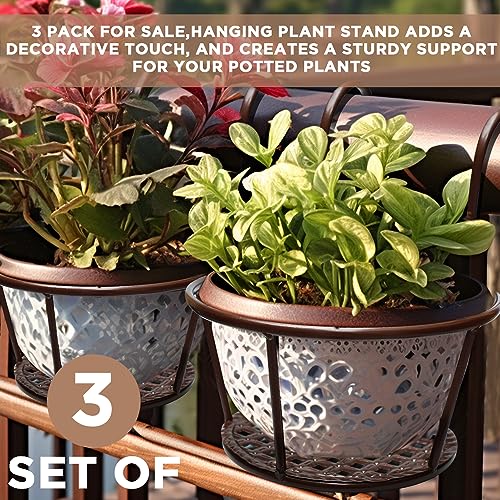 NEISRAI Iron Art Metal Railing Flower Pot Hanging Basket for Indoor Pot Holder Hanger 3 Pack Outdoor Plants Perfect for Porches and Patio Decor (Champagne)