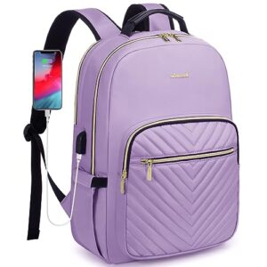 lovevook laptop backpack purse for women, work business travel computer bags, nurse backpack for womens, quilted casual daypack with usb port, fit 15.6 inch laptop, purple