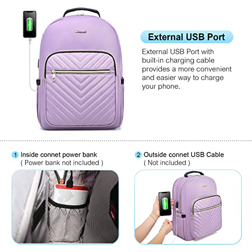 LOVEVOOK Laptop Backpack Purse for Women, Work Business Travel Computer Bags, Nurse Backpack for Womens, Quilted Casual Daypack with USB Port, Fit 15.6 Inch Laptop, Purple