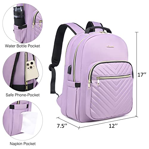 LOVEVOOK Laptop Backpack Purse for Women, Work Business Travel Computer Bags, Nurse Backpack for Womens, Quilted Casual Daypack with USB Port, Fit 15.6 Inch Laptop, Purple