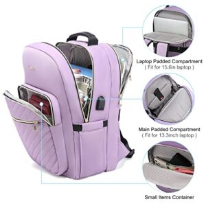 LOVEVOOK Laptop Backpack Purse for Women, Work Business Travel Computer Bags, Nurse Backpack for Womens, Quilted Casual Daypack with USB Port, Fit 15.6 Inch Laptop, Purple