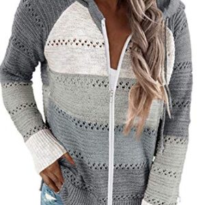 Acelitt Womens Ladies Casual Lightweight Long Sleeve Zip up Zipper Color Block Knit Sweaters Hoodies Sweatshirts Pullover XL Gray2