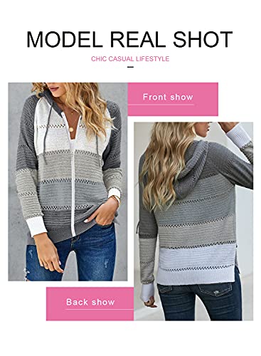 Acelitt Womens Ladies Casual Lightweight Long Sleeve Zip up Zipper Color Block Knit Sweaters Hoodies Sweatshirts Pullover XL Gray2