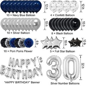 RBYOO 30th Blue Birthday Decorations for Men Boy Women Girl,Navy Blue Black Silver Happy Birthday Party Supplies with Pom Poms Flower Confetti Balloon 30 Foil Number Balloon and Happy Birthday Banner