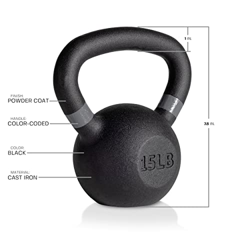 Tru Grit Fitness – Cast Iron Kettlebells – 15lb – Easy Grip Handle – Powder Coated - Home Gym or Office Strength Training Equipment