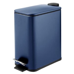 mDesign Slim Metal Rectangle 1.3 Gallon/5 Liter Trash Can with Step Pedal, Easy-Close Lid, Removable Liner - Narrow Wastebasket Garbage Container Bin for Bathroom, Bedroom, Kitchen - Navy Blue