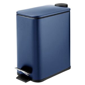 mdesign slim metal rectangle 1.3 gallon/5 liter trash can with step pedal, easy-close lid, removable liner - narrow wastebasket garbage container bin for bathroom, bedroom, kitchen - navy blue