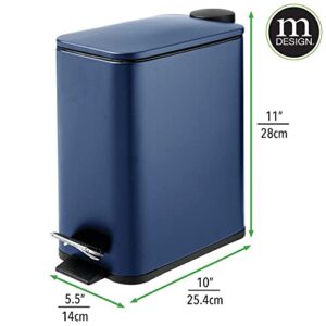 mDesign Slim Metal Rectangle 1.3 Gallon/5 Liter Trash Can with Step Pedal, Easy-Close Lid, Removable Liner - Narrow Wastebasket Garbage Container Bin for Bathroom, Bedroom, Kitchen - Navy Blue